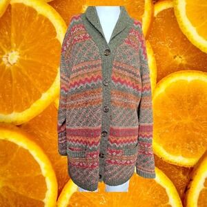 Jones New York Country Wool Blend Cardigan Sweater Fair Isle Pockets Large‎